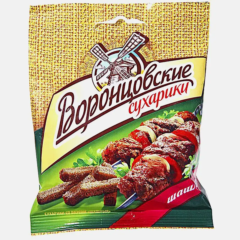Изображение товара Сухарики Ветчина и сыр/Телятина на гриле/Шашлык/Сыр/Томат и моцарелла Воронцовские 40г в ассортименте