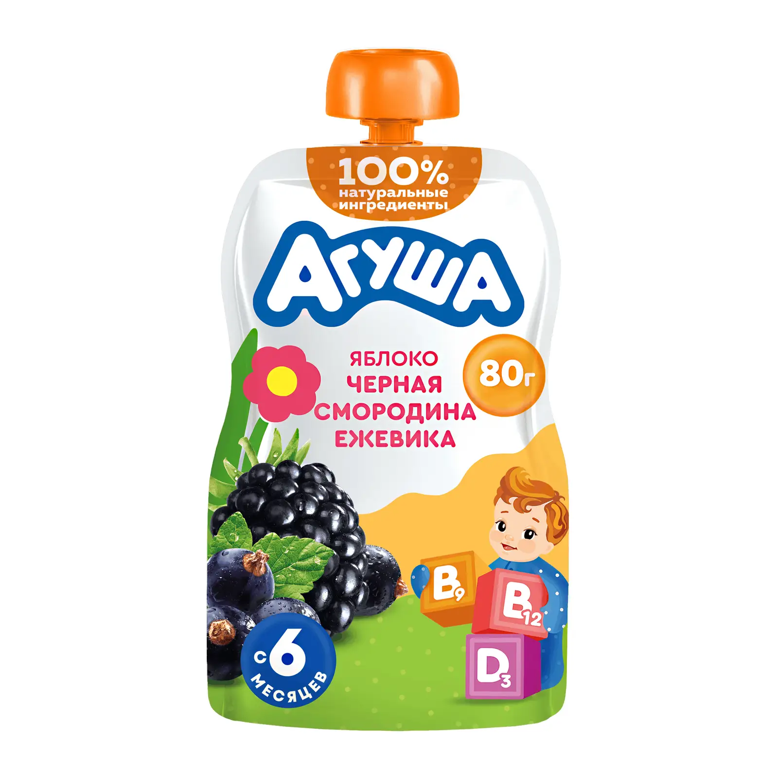 Изображение товара Пюре Агуша Укрепляй-ка яблоко-черная смородина-ежевика 80г для детей с 6 месяцев