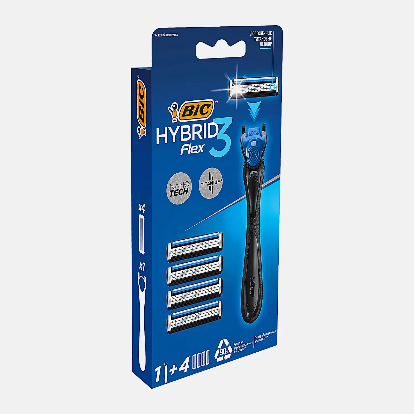 Бритва мужская BIC Hybrid 3 Flex 3 лезвия плавающая головка 1 ручка и 4 сменные кассеты