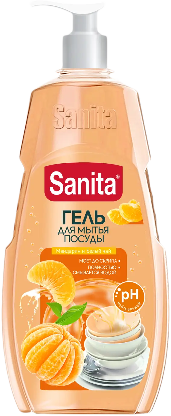 Изображение товара Гель для мытья посуды Sanita Мандарин и белый чай 900г для кухни и посуды
