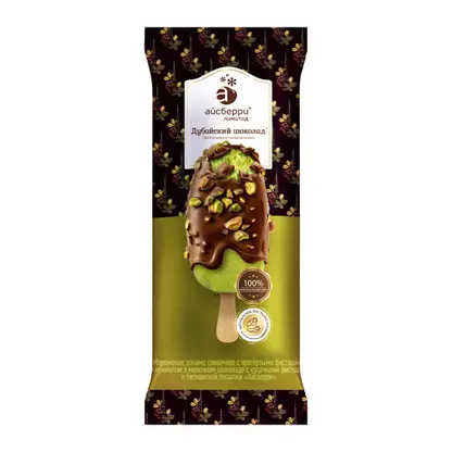 Изображение товара Мороженое Айсберри Дубайский шоколад эскимо сливочное с фисташкой кунжутом и бисквитом 80г