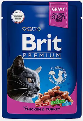 Влажный корм для кошек Brit цыпленок-индейка в соусе жидкий 85г