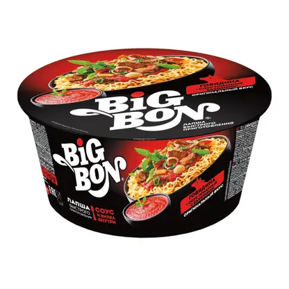 Изображение товара Лапша Big Bon Говядина и соус томатный с базиликом 85г Изображение товара Лапша Big Bon Говядина и соус томатный с базиликом 85г