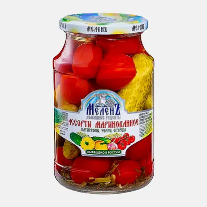 Ассорти маринованное Патиссоны-Черри-Огурцы Меленъ 680г