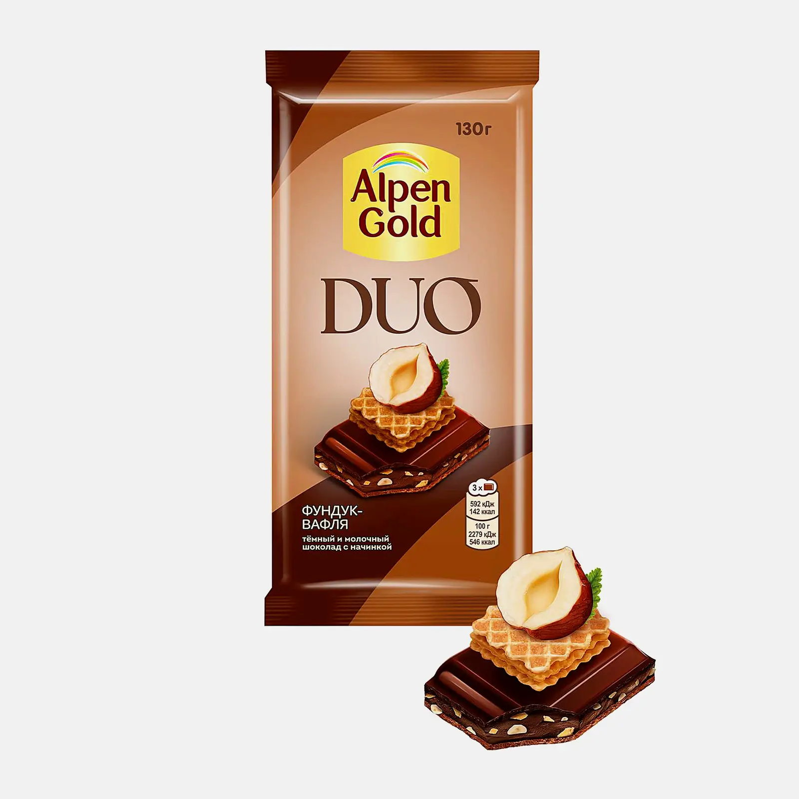 Шоколад темный и молочный с начинкой фундук-вафля Alpen Gold Duo 130г Шоколад темный и молочный с начинкой фундук-вафля Alpen Gold Duo 130г