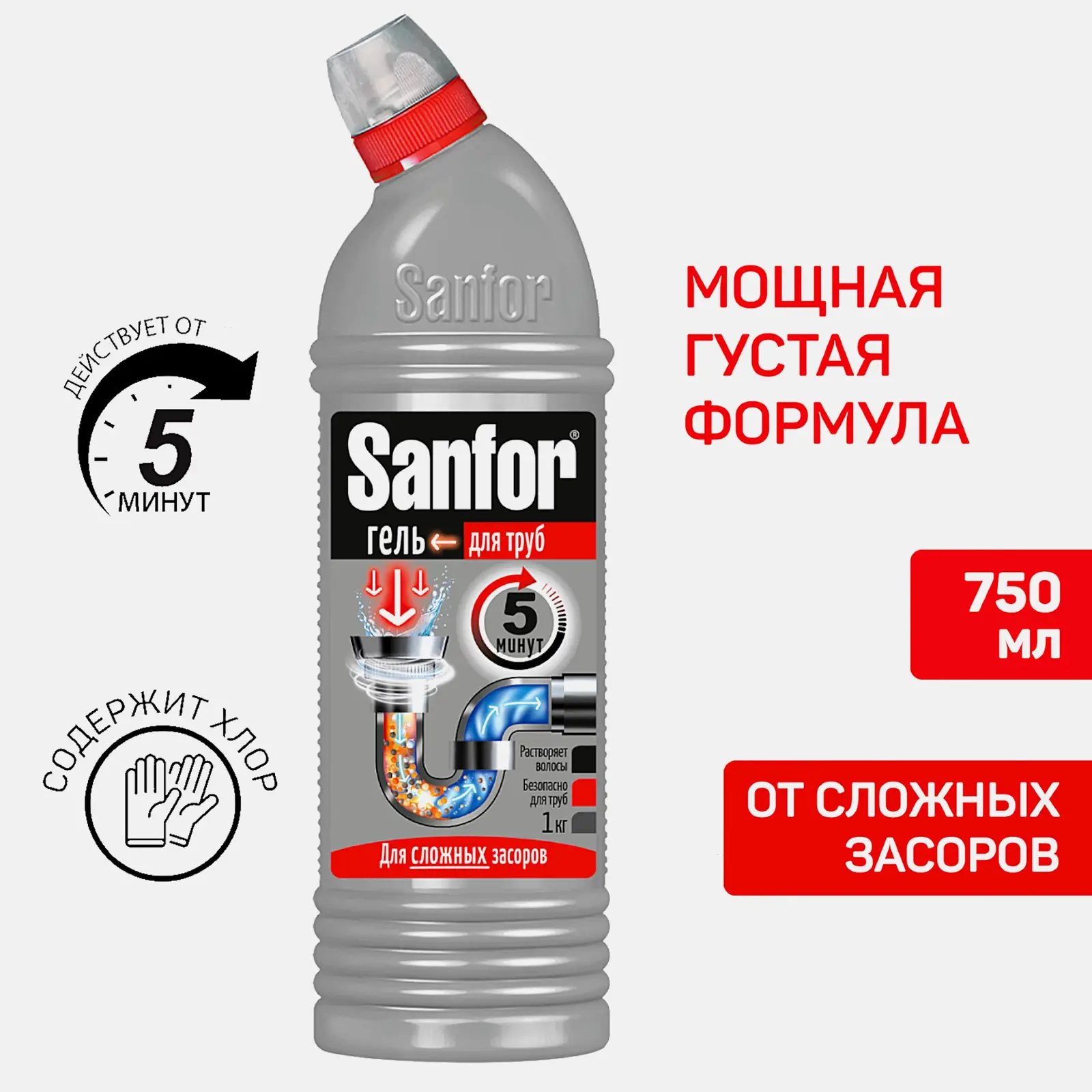 Средство для чистки труб и устранения засоров Sanfor 750г