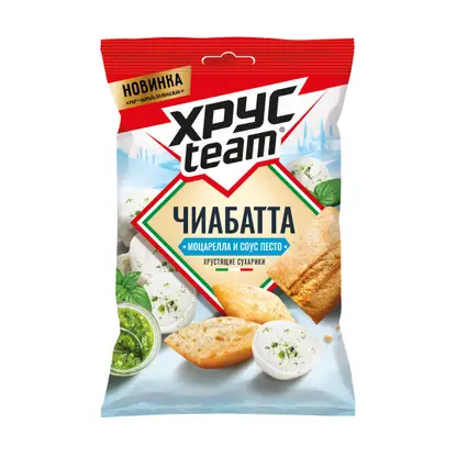 Изображение товара Сухарики Хрусteam Чиабатта Моцарелла и соус песто 55г вкусная итальянская закуска