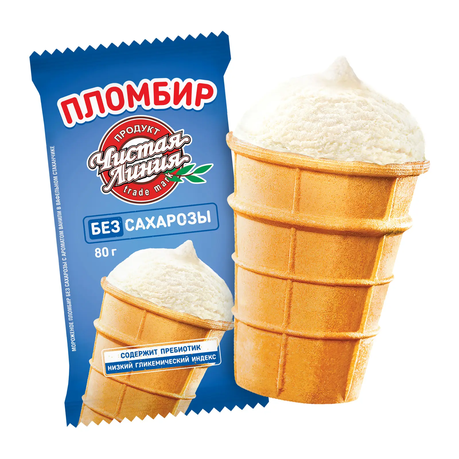 Изображение товара Мороженое Чистая Линия пломбир без сахарозы в вафельном стакане 80г