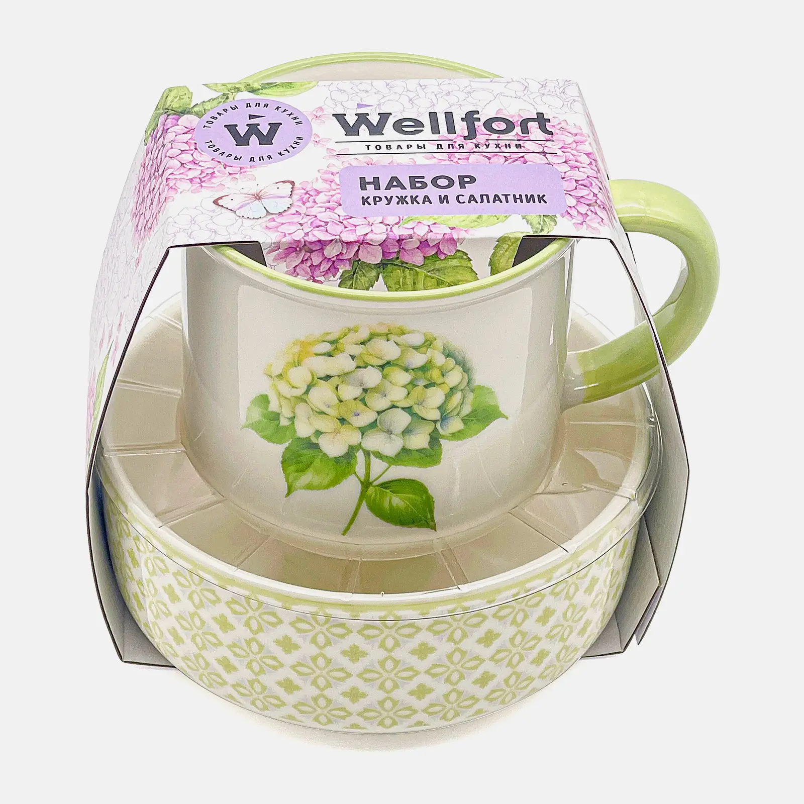 Набор посуды салатник и кружка фарфор зеленый Wellfort Гортензия