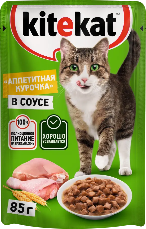 Влажный корм для кошек Kitekat с сочными кусочками курицы в соусе 85г