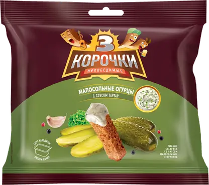 Изображение товара Сухарики Три Корочки ржаные малосольные огурцы с соусом тартар 85г