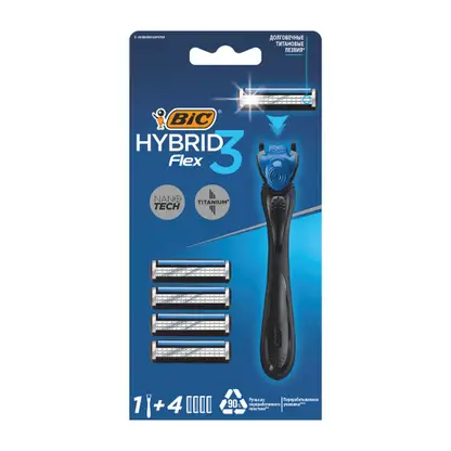 Изображение товара Бритва мужская BIC Hybrid 3 Flex 3 лезвия плавающая головка 1 ручка и 4 сменные кассеты