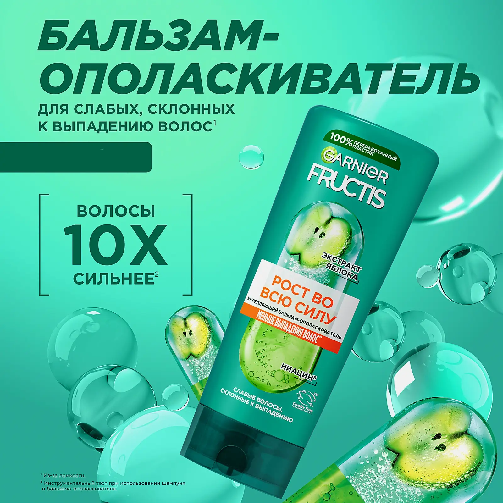 Бальзам-ополаскиватель для ослабленных волос склонных к выпадению Garnier Fructis Рост во всю силу укрепляющий с экстрактом яблока и ниацином 200мл - фото 2 Бальзам-ополаскиватель для ослабленных волос склонных к выпадению Garnier Fructis Рост во всю силу укрепляющий с экстрактом яблока и ниацином 200мл - фото 2