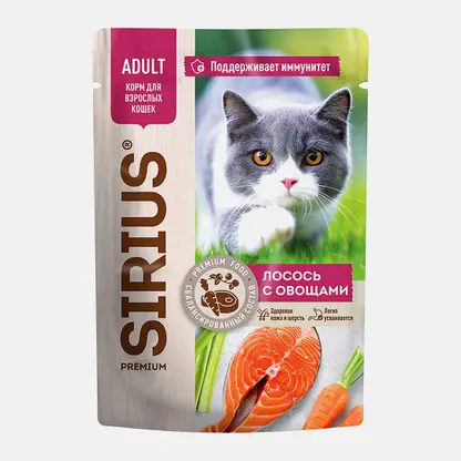 Влажный корм для кошек кусочки в соусе лосось с овощами Sirius 85г