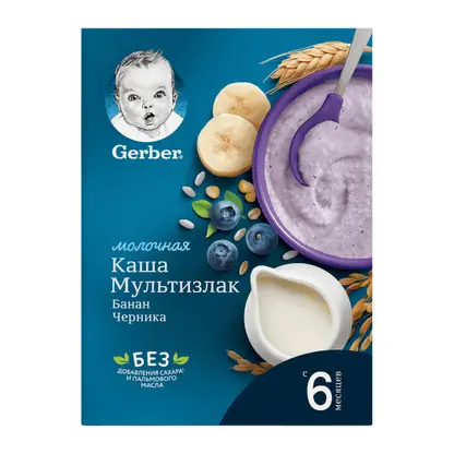 Изображение товара Каша Gerber сухая молочная с бананом и черникой с 6 месяцев 180г