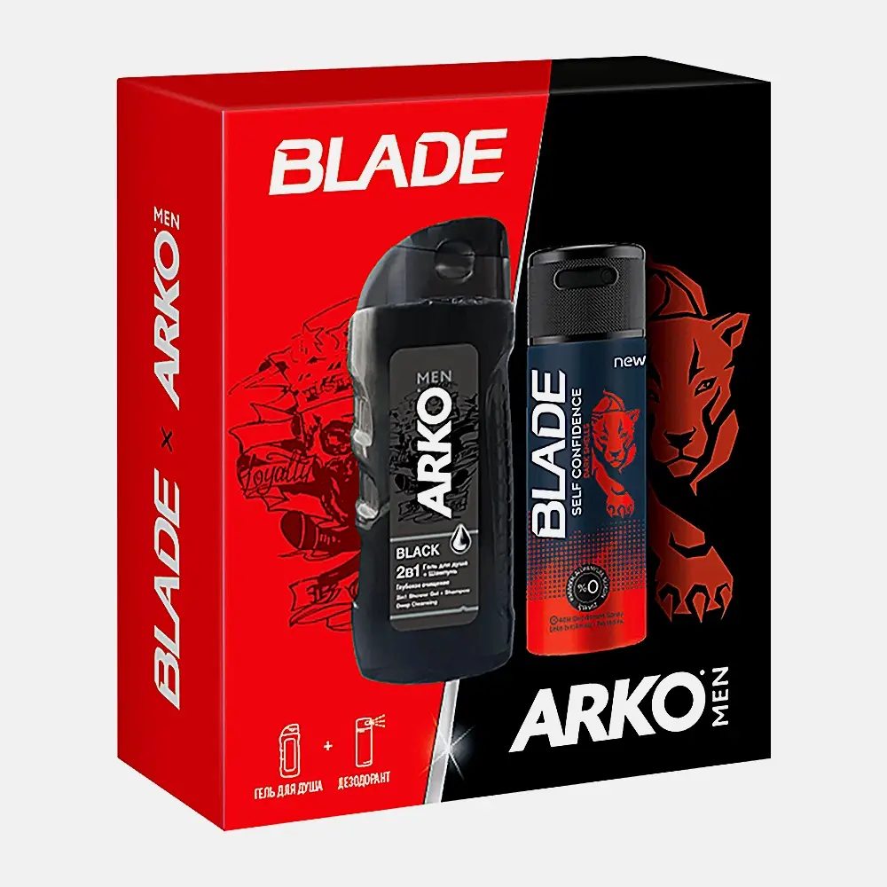 Подарочный набор для мужчин Arko Гель для душа Black 260мл + Дезодорант Blade Self Confidence 150мл в ассортименте Подарочный набор для мужчин Arko Гель для душа Black 260мл + Дезодорант Blade Self Confidence 150мл в ассортименте