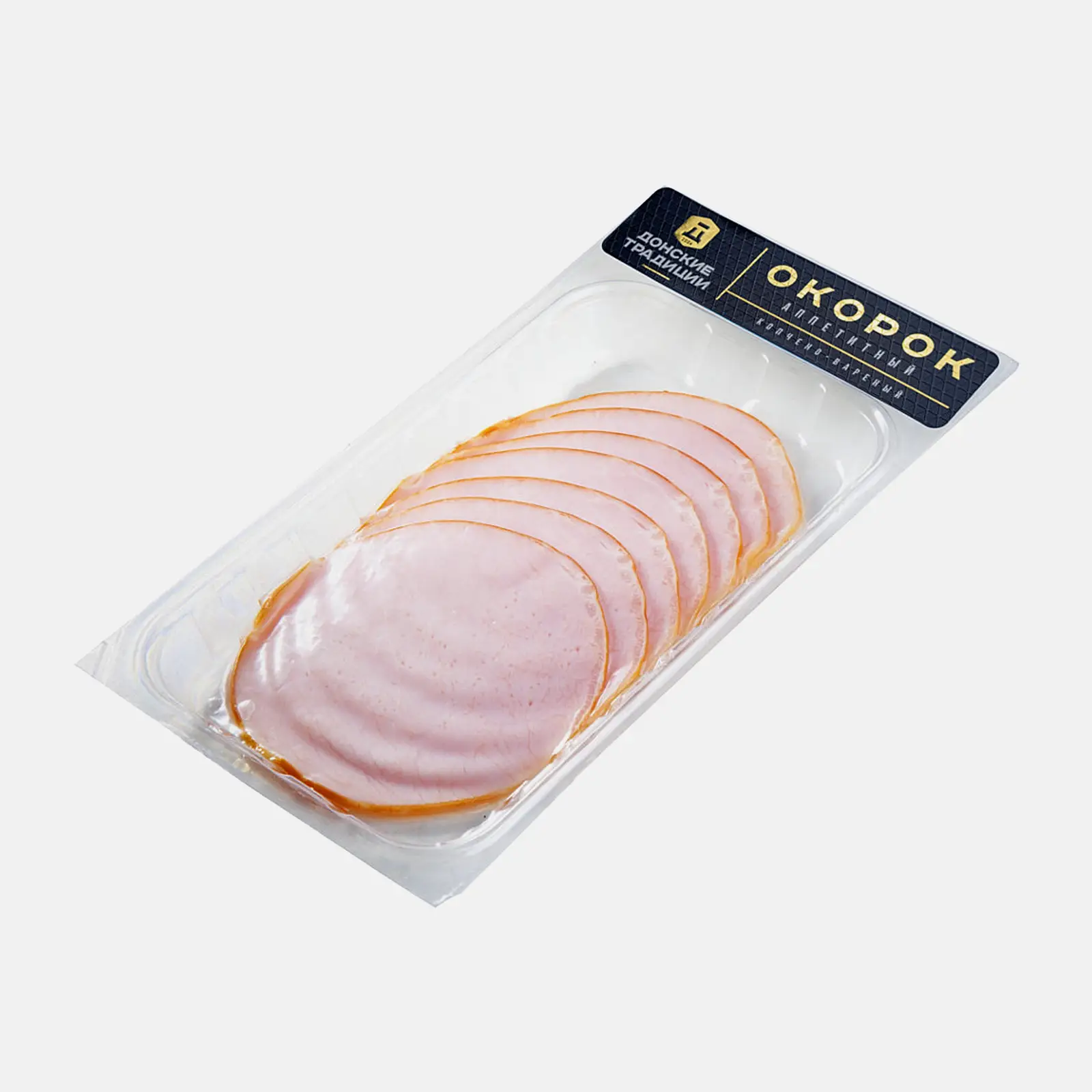 Окорок Донские традиции мясной продукт аппетитный варено-копченый нарезка 140г