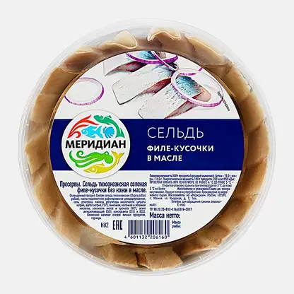 Сельдь слабосоленая филе-кусок в масле без кожи Меридиан 480г