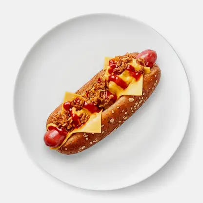 Хот-дог Сырный с куриной сосиской на пшеничной булочке