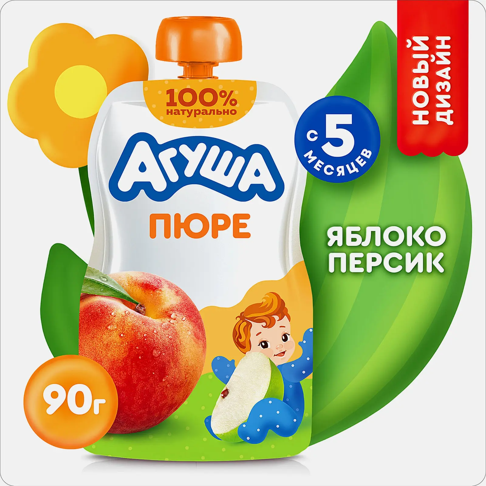 Детское фруктовое пюре Яблоко-персик с 5 месяцев Агуша 90г
