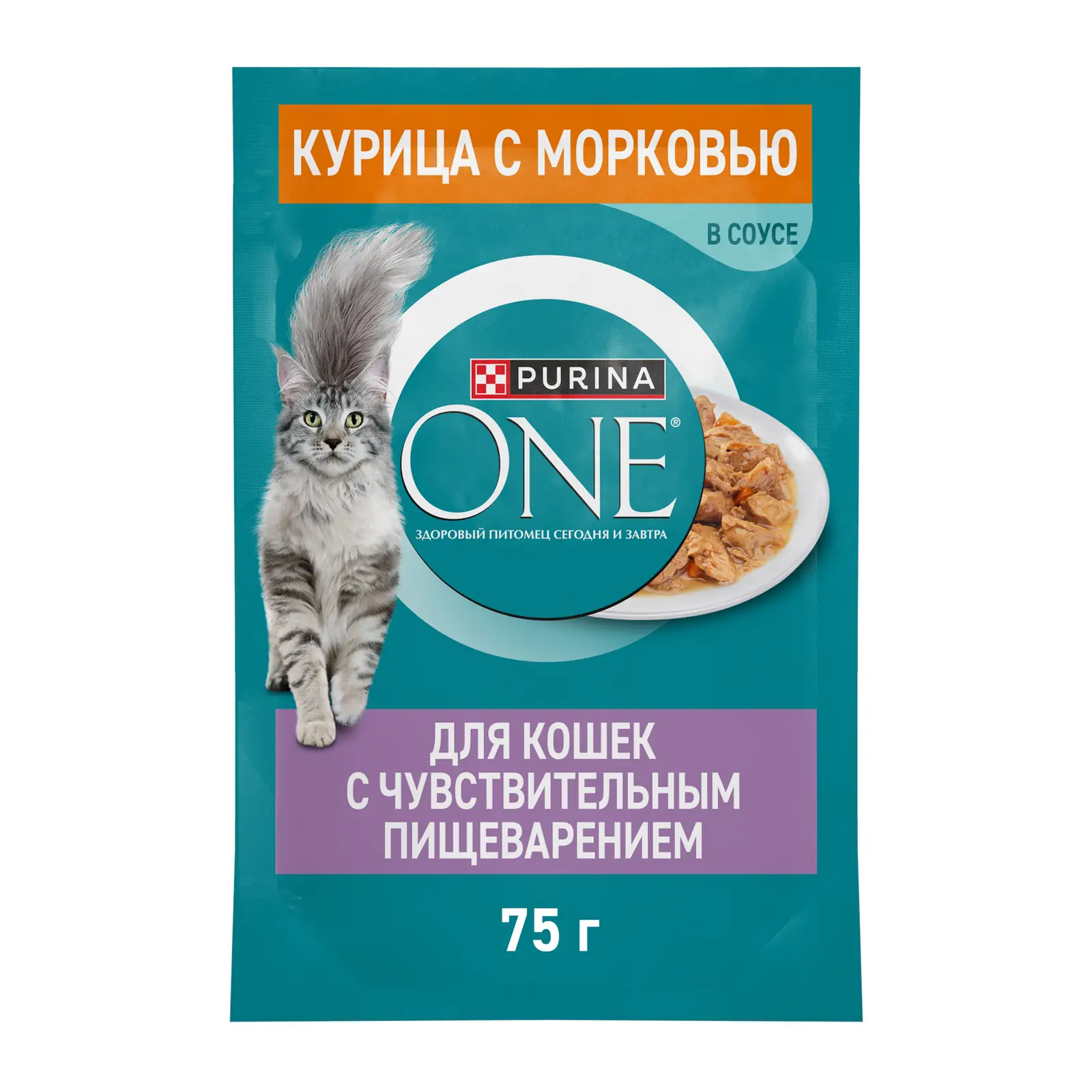 Изображение товара Влажный корм для кошек Purina One при чувствительном пищеварении с курицей в соусе 75г