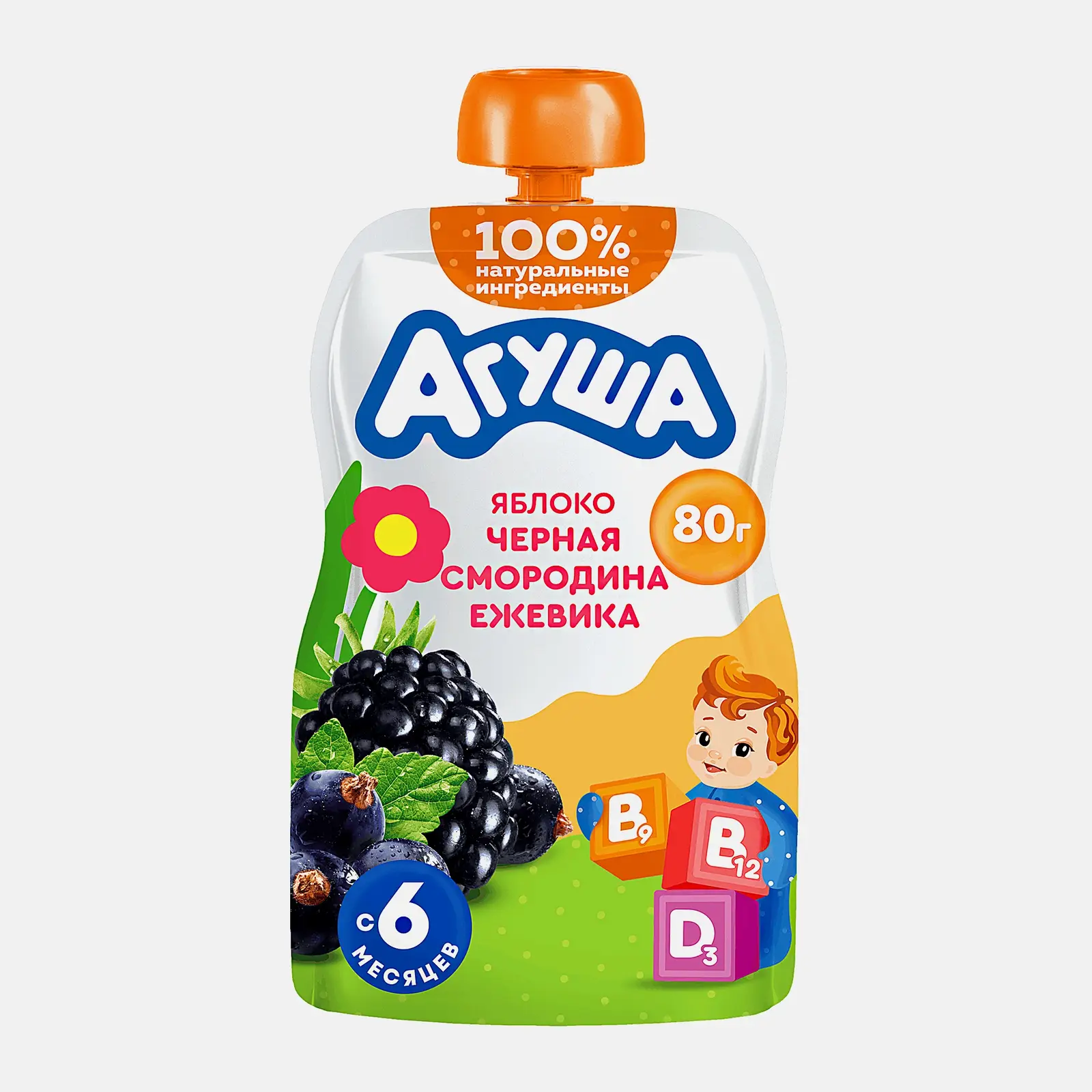 Изображение товара Пюре Агуша Укрепляй-ка яблоко-черная смородина-ежевика 80г для детей с 6 месяцев