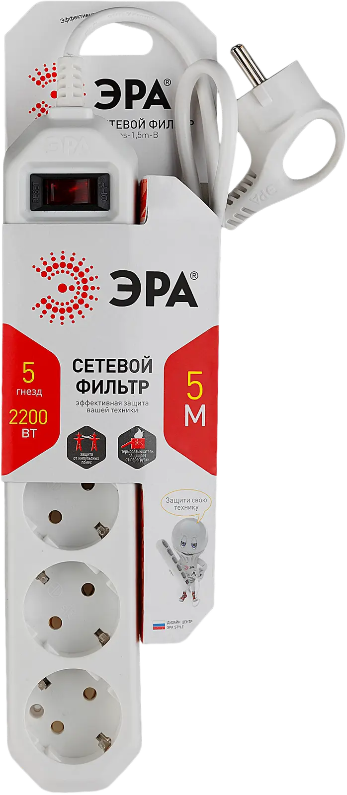 Сетевой фильтр Эра 5 розеток 10А 2200Вт 5м