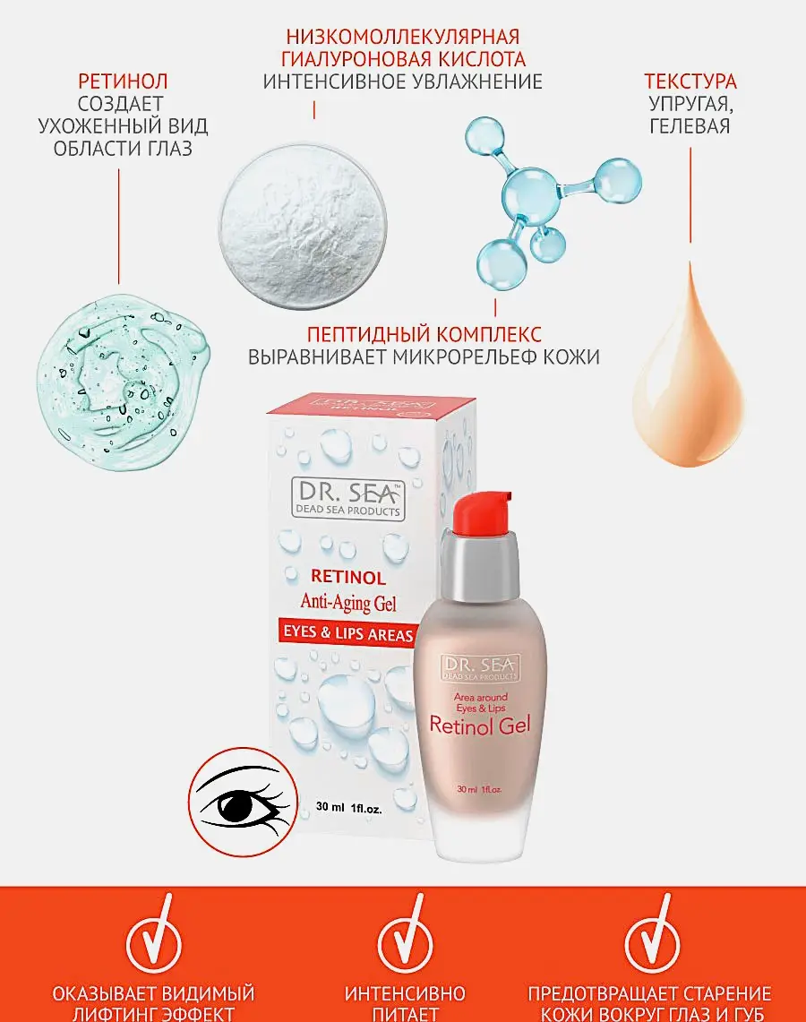 Гель для области вокруг глаз и губ Dr.Sea с ретинолом 30мл