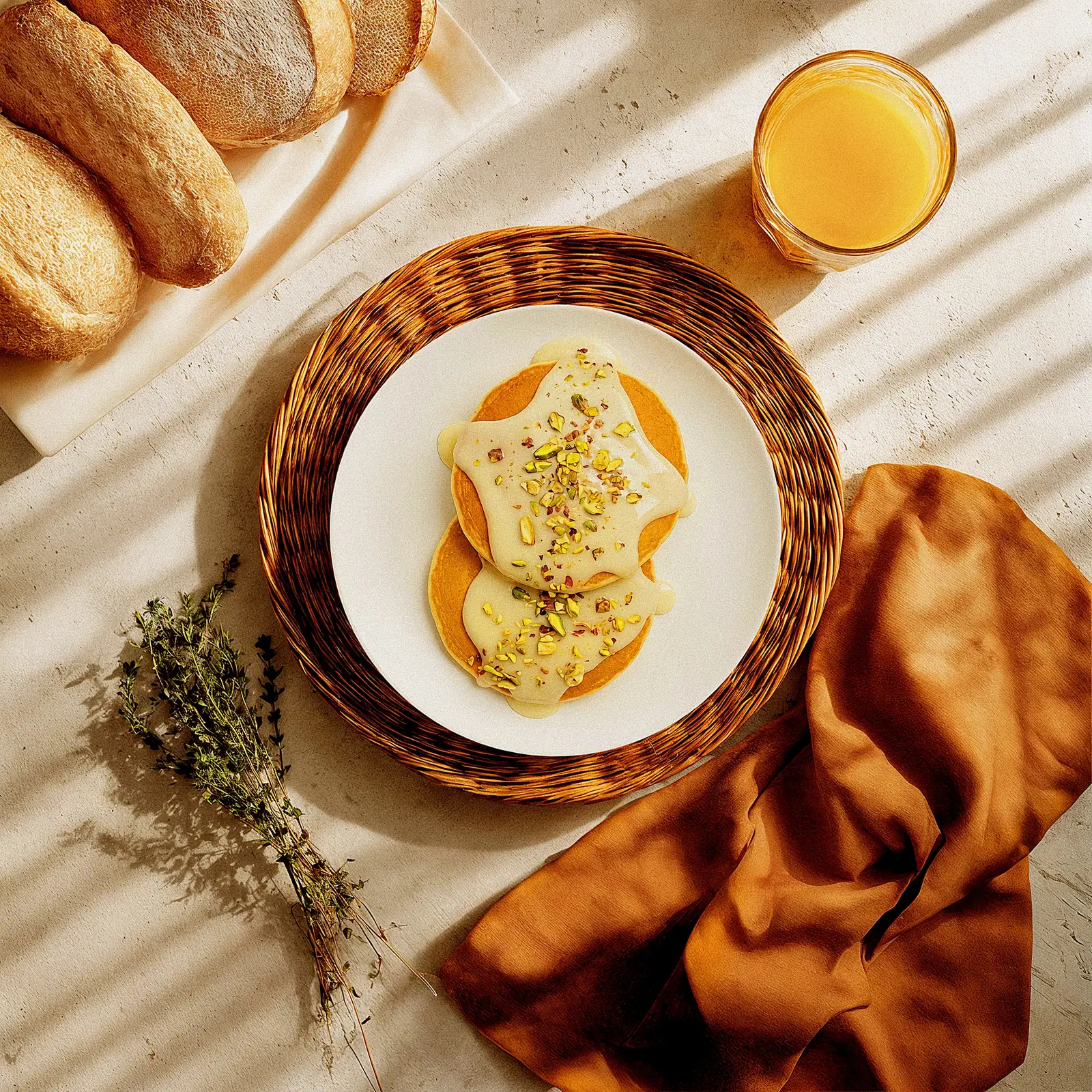 Банановые панкейки с соусом из белого шоколада и фисташкой 180г