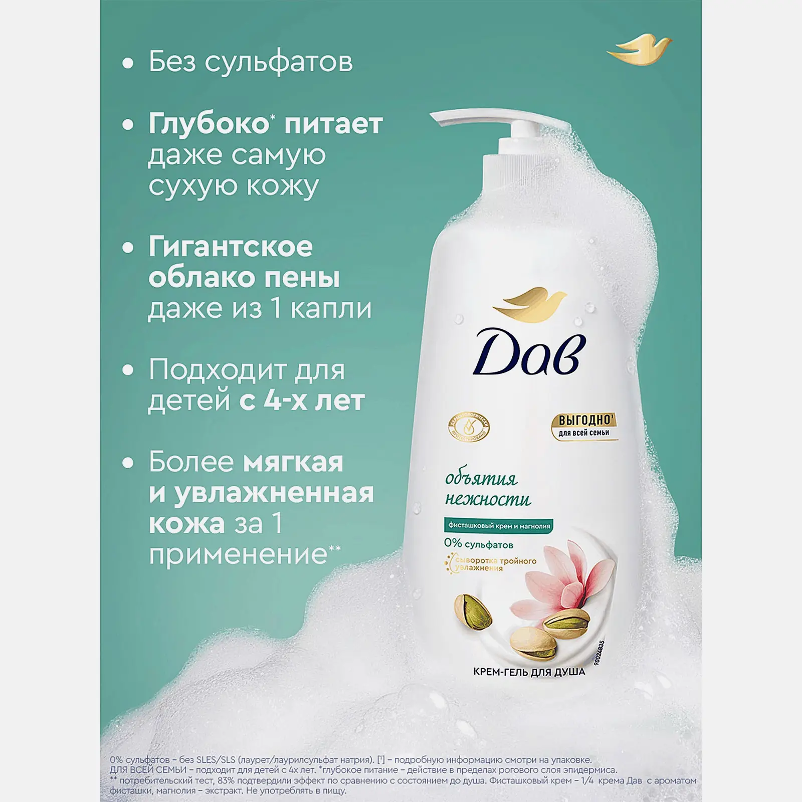 Крем-гель для душа Дав Для всей семьи Фисташковый крем и магнолия 610мл