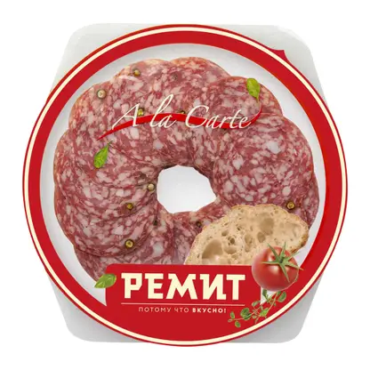 Изображение товара Колбаса Ремит Salsa сырокопченая нарезка в тарелке 80г