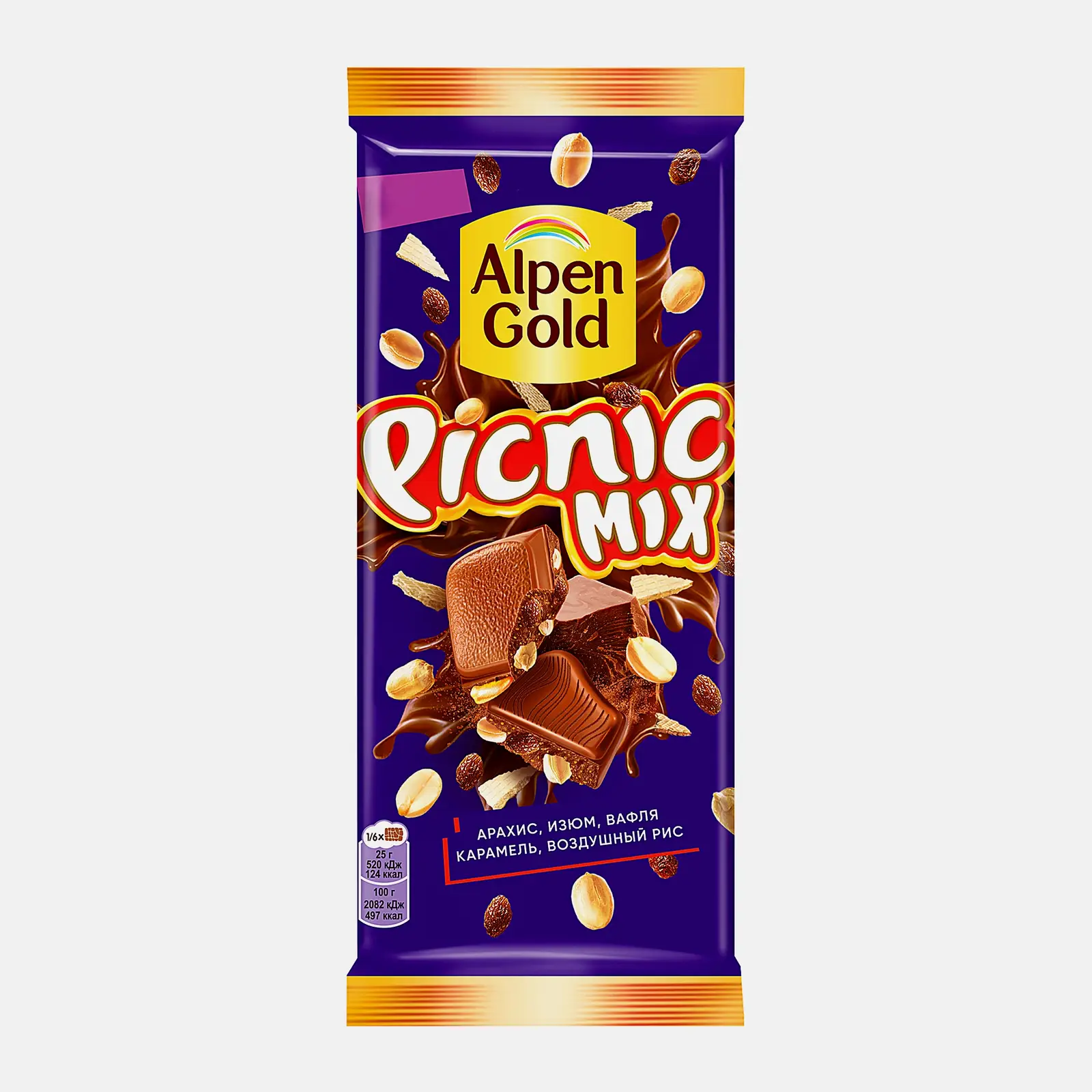 Изображение товара Молочный шоколад Alpen Gold Picnic с арахисом и изюмом 130г
