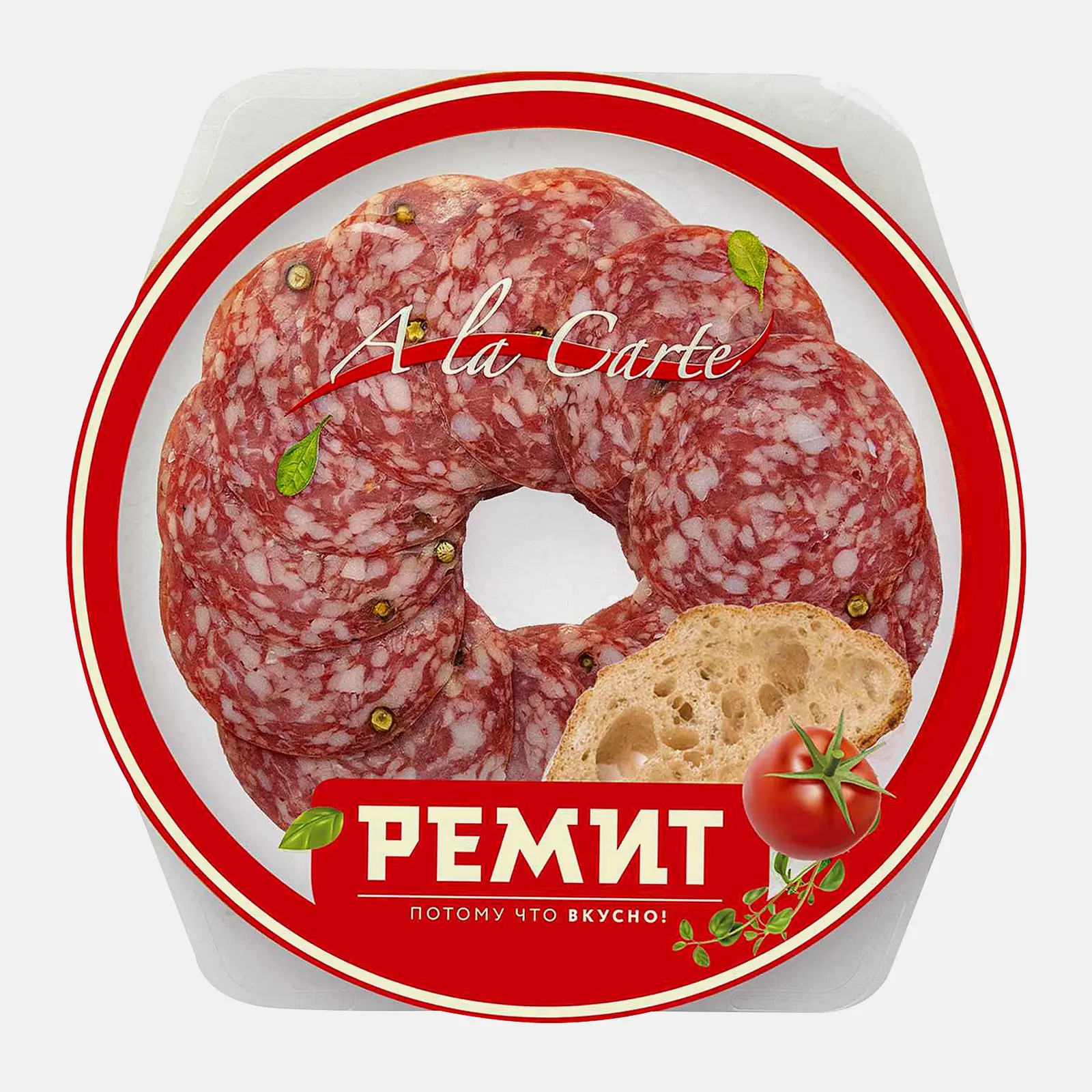 Изображение товара Колбаса Ремит Salsa сырокопченая нарезка в тарелке 80г