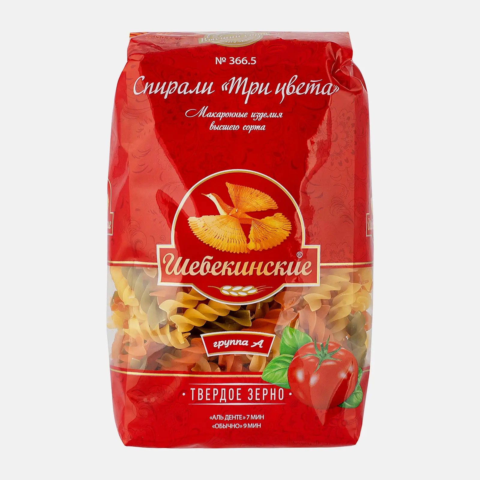 Изображение товара Макароны Шебекинские No366. 5 Спирали трехцветные 450г - фигурные из твердых сортов пшеницы