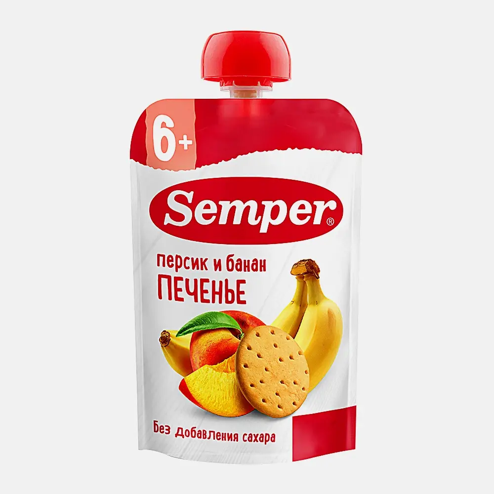 Пюре из персика и банана с печеньем с 6 месяцев Semper 100г