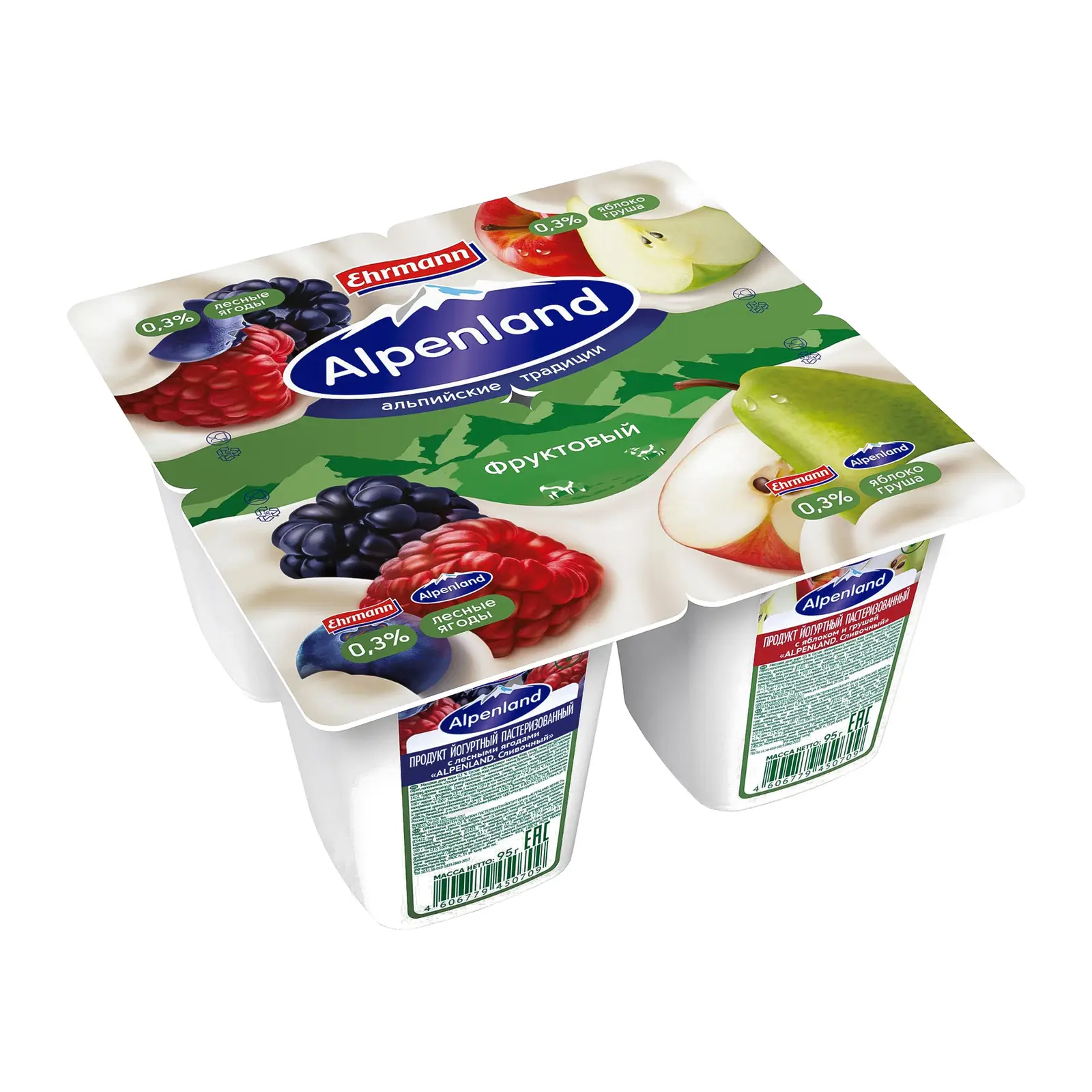 Изображение товара Продукт йогуртный Alpenland Лесная ягода яблоко груша 0.3% 95г