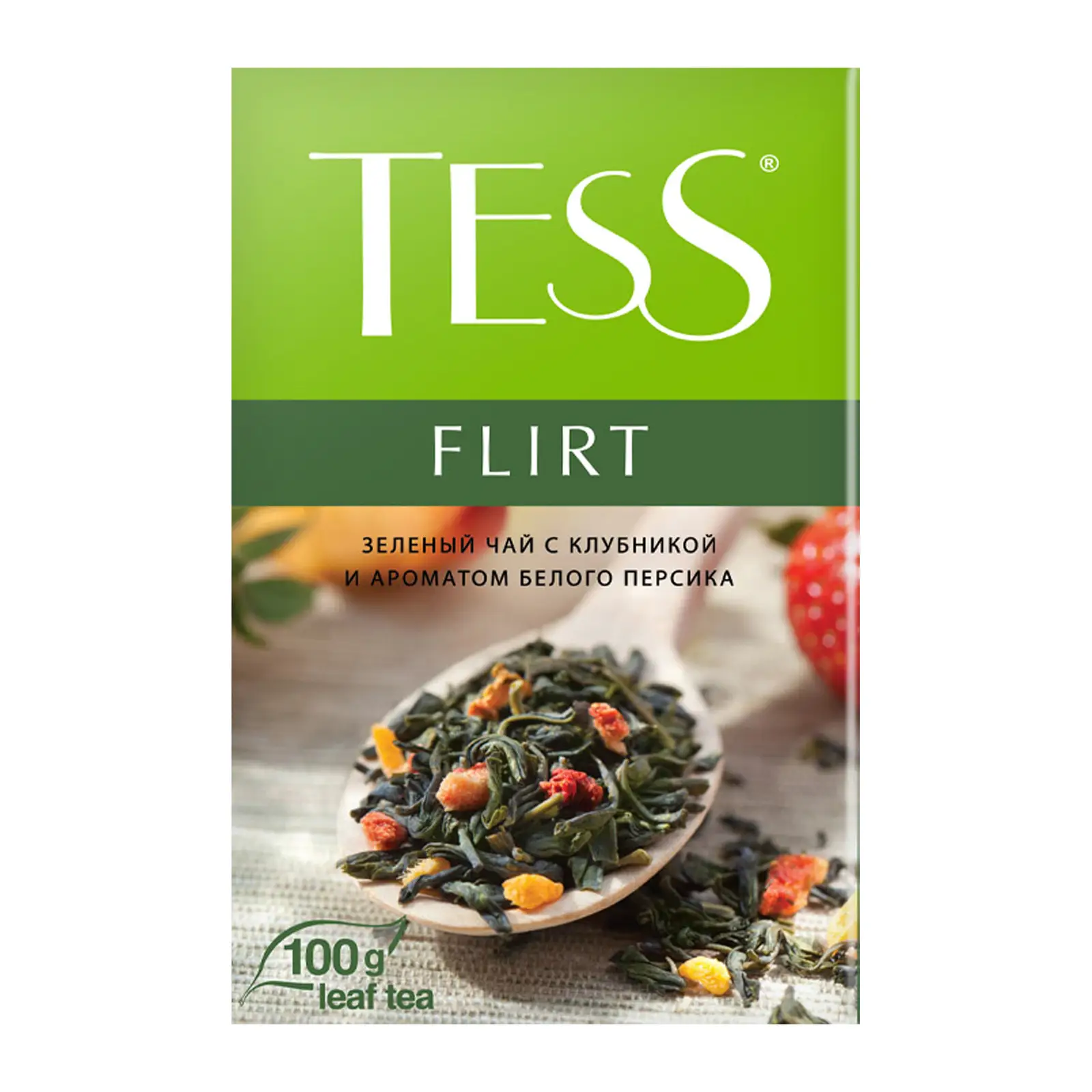 Изображение товара Зеленый чай Tess Flirt 100г ароматизатор Персик и Клубника