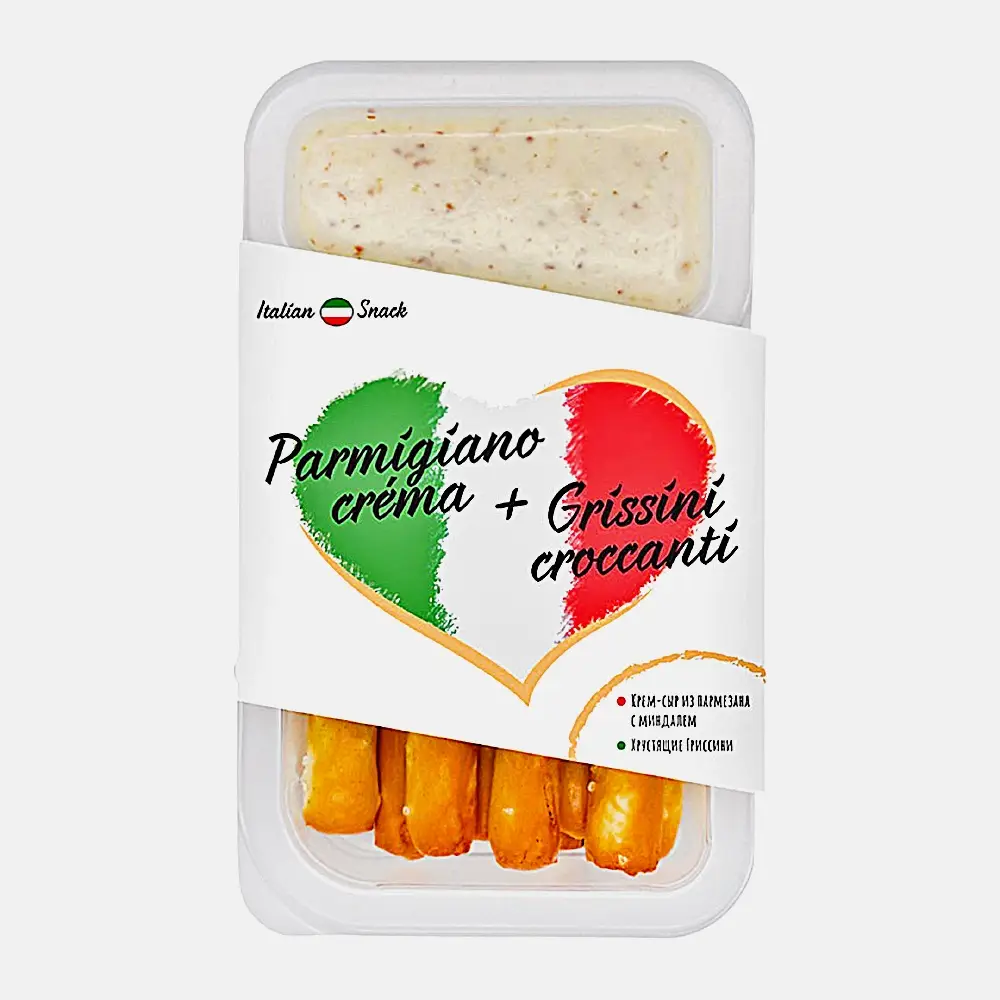 Крем-сыр Italian Snack с пармезаном миндалем хрустящие гриссини 55% 50г