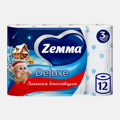 Туалетная бумага белая Deluxe Zemma 12 рулонов 3 слоя в ассортименте