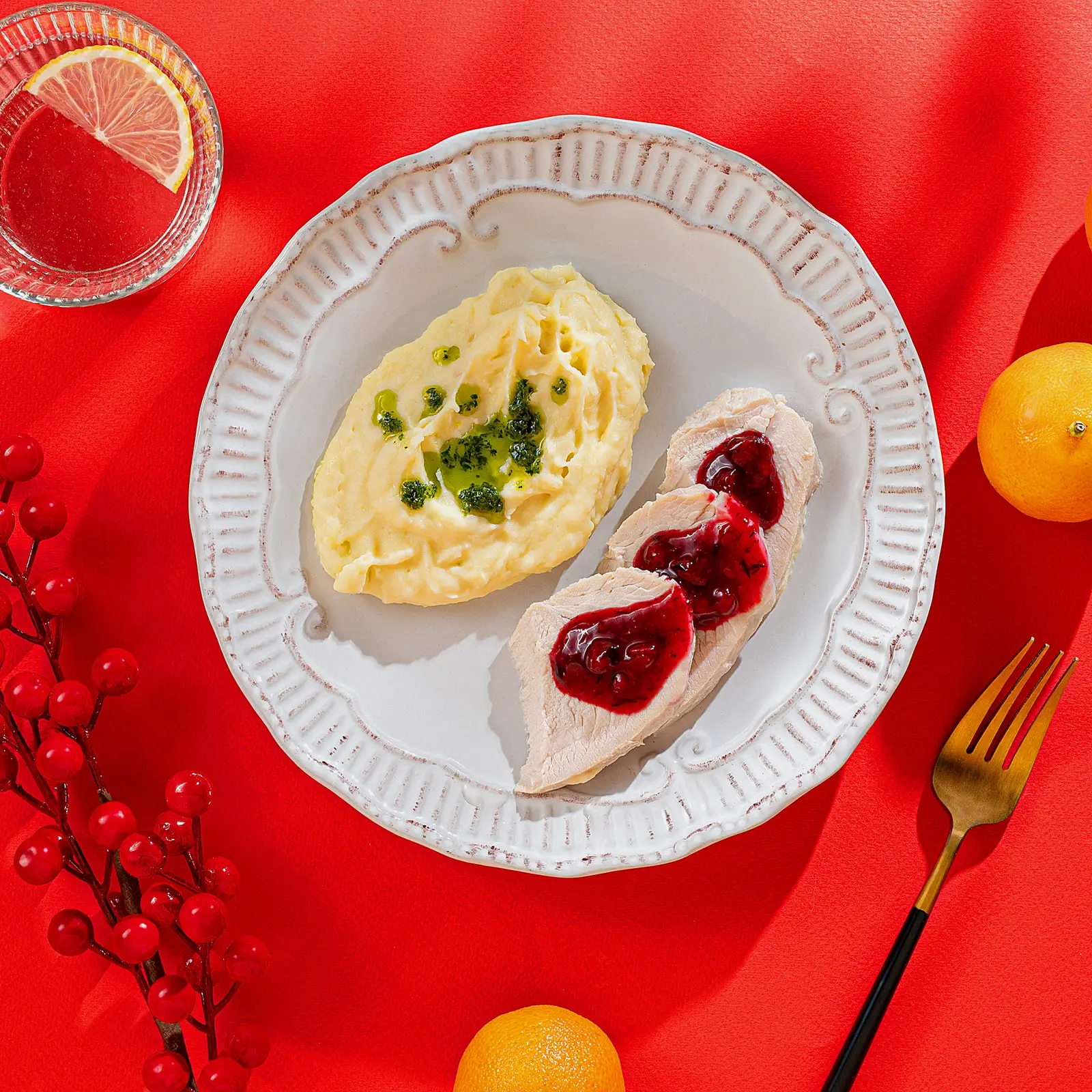 Изображение товара Индейка с клюквенным соусом и пюре 250г