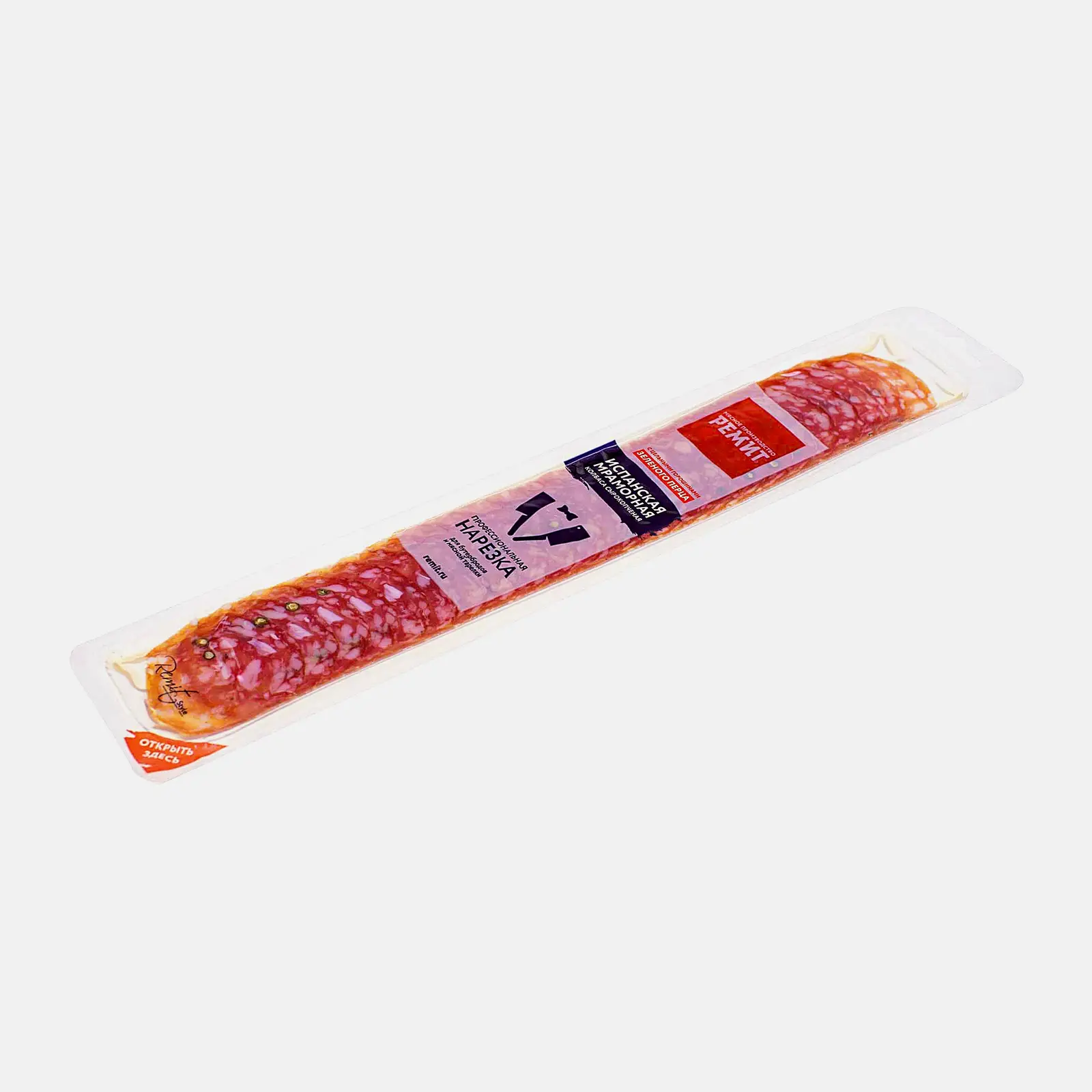 Изображение товара Колбаса Ремит Испанская Мраморная сырокопченая нарезка 70г