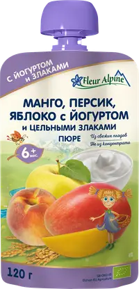 Изображение товара Пюре детское Fleur Alpine молочное манго персик яблоко йогурт злаки с 6 месяцев 120г