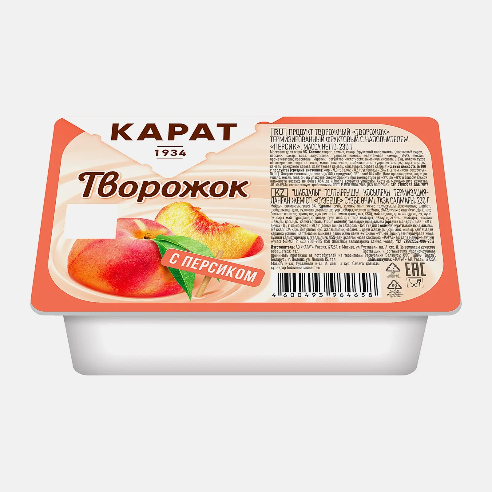 Продукт творожный персик Карат 9% 230г Продукт творожный персик Карат 9% 230г