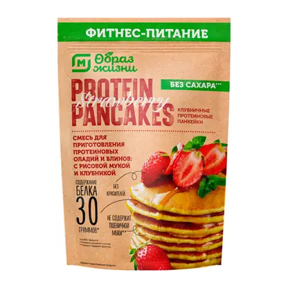 Изображение товара Смесь Магнит для приготовления протеиновых оладьи и блины c рисовой мукой и клубникой 350г