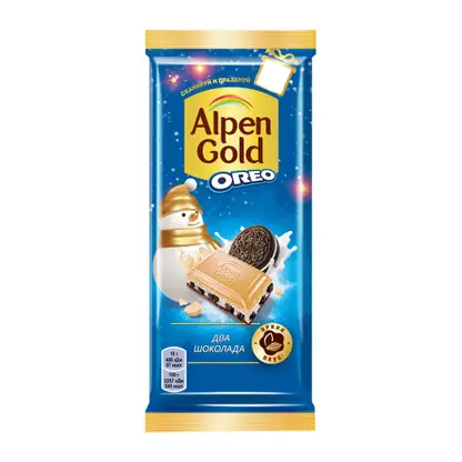 Изображение товара Шоколад Alpen Gold Oreo Два шоколада молочный с белым с начинкой со вкусом ванили и кусочками печень 85г