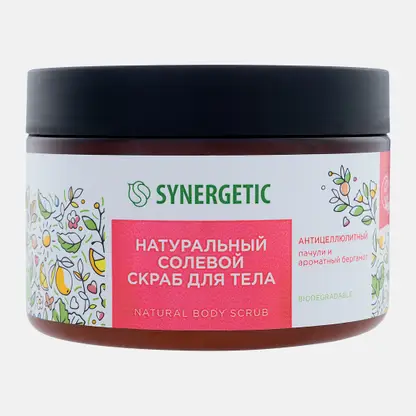 Скраб для тела Synergetic Натуральный солевой антицеллюлитный пачули и ароматный бергамот 300мл