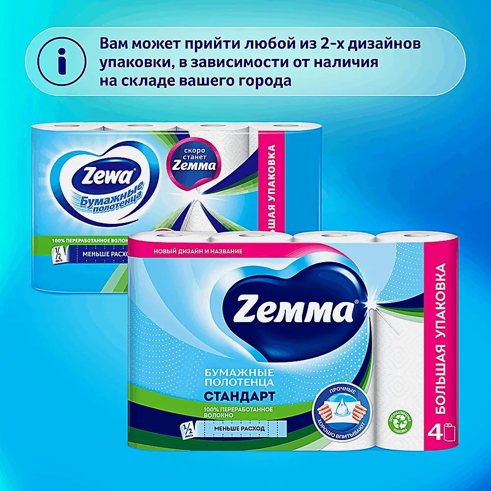 Бумажные полотенца Zemma белые 4 рулона 2 слоя