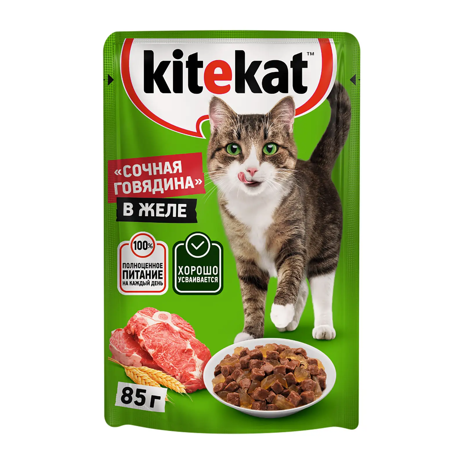 Влажный корм для кошек Kitekat с сочными кусочками говядины в желе 85г