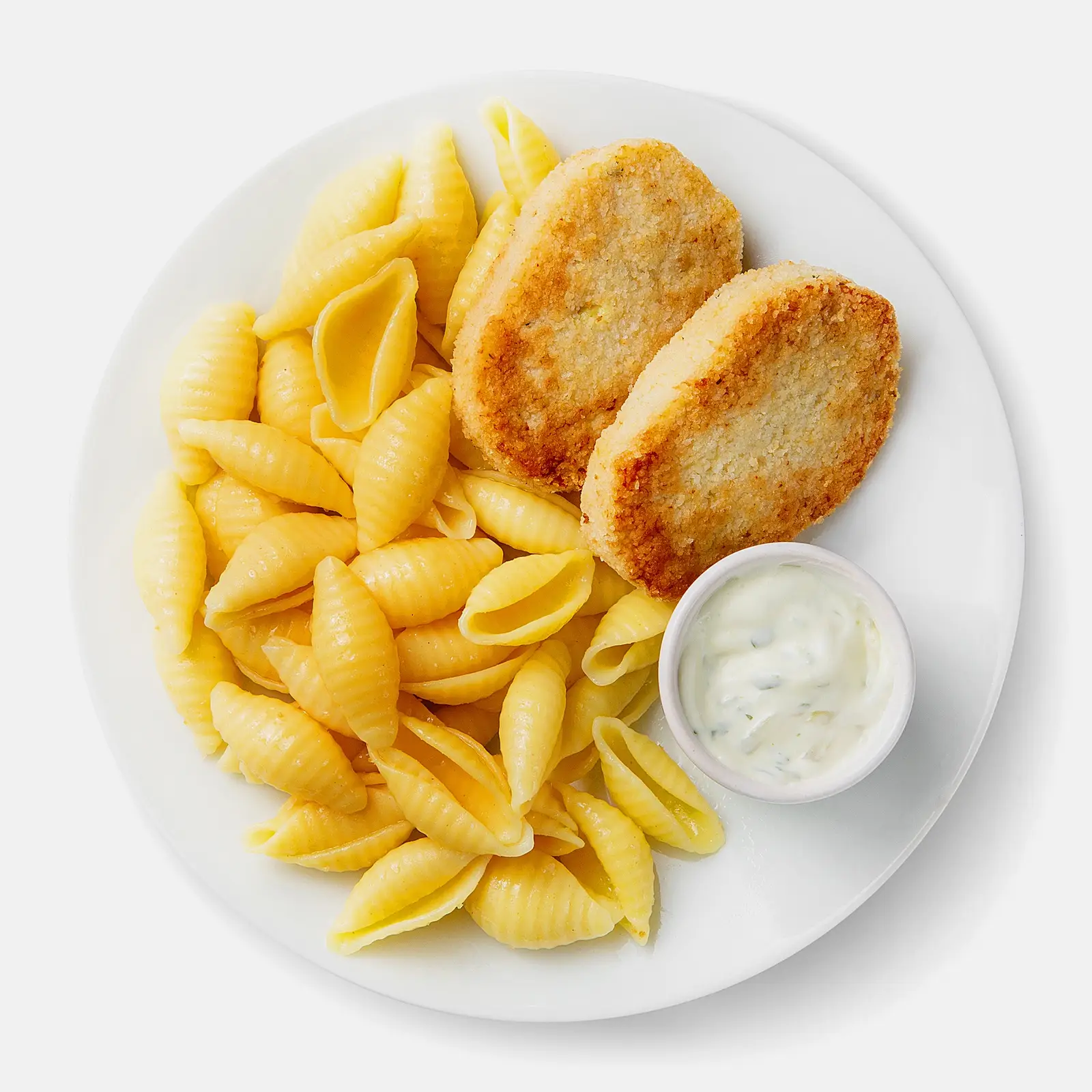 Изображение товара Котлеты рыбные из минтая с макаронами и соусом тартар 220г