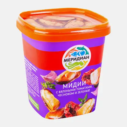 Мидии Меридиан с вялеными томатами чесноком и зеленью в масле 415г